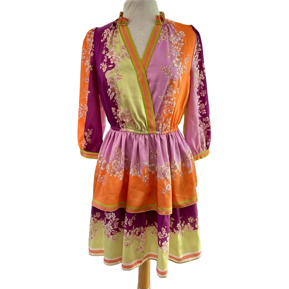 Current Air Sicily Dress Medium Multi-color Tiered Satin Floral Mini Women’s EUC